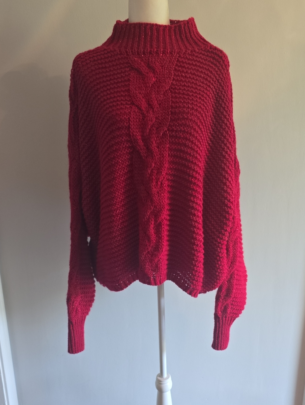 Fobya Red Cable-Knit Mock Neck Oversized Chunky Sweater